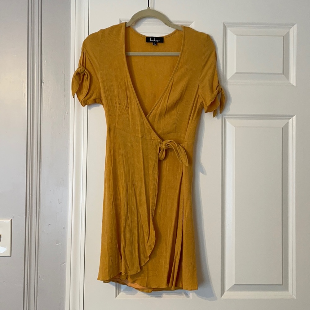 Mustard yellow wrap dress from LuLu’s